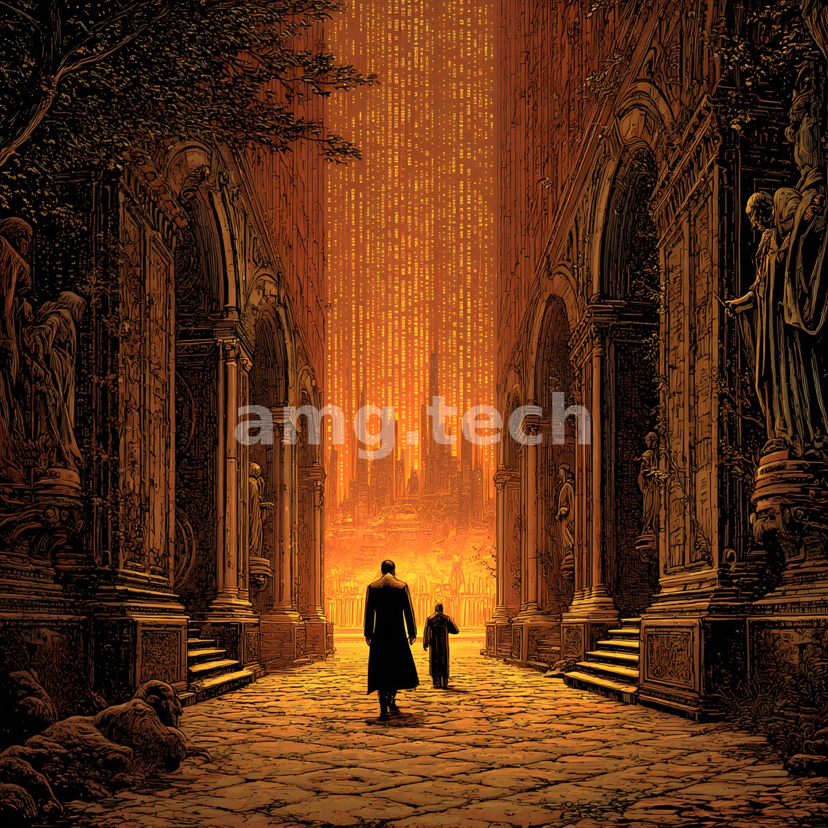 Two figures pass down a cathedral avenue of statues as cascading light reveals a burning citadel far below.