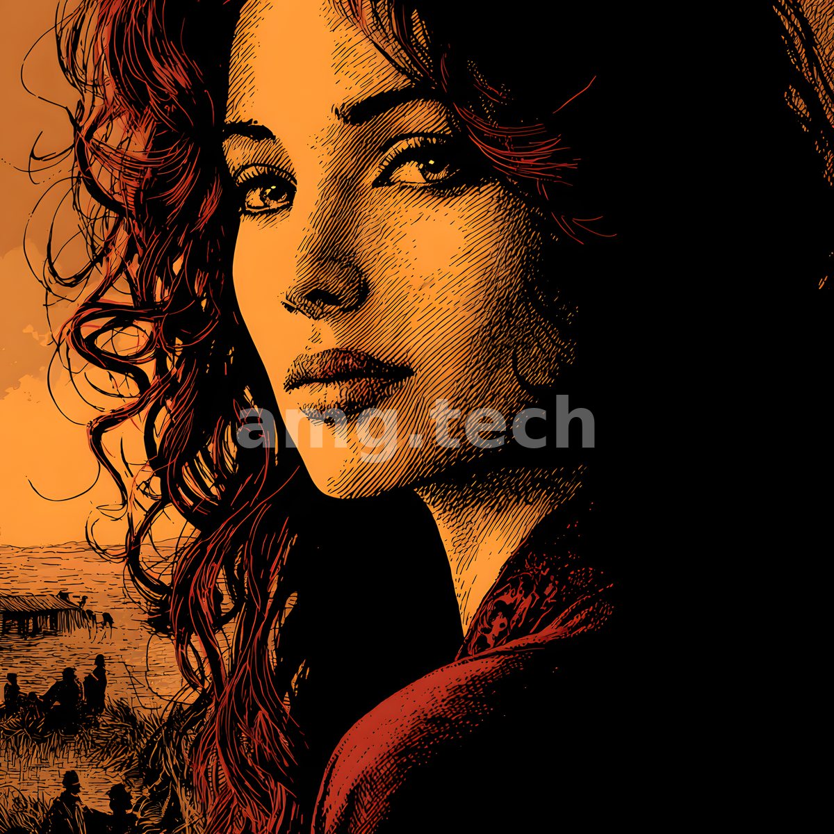 A crosshatched portrait of a red-haired woman gazes past us while distant figures wander an amber prairie horizon behind her.