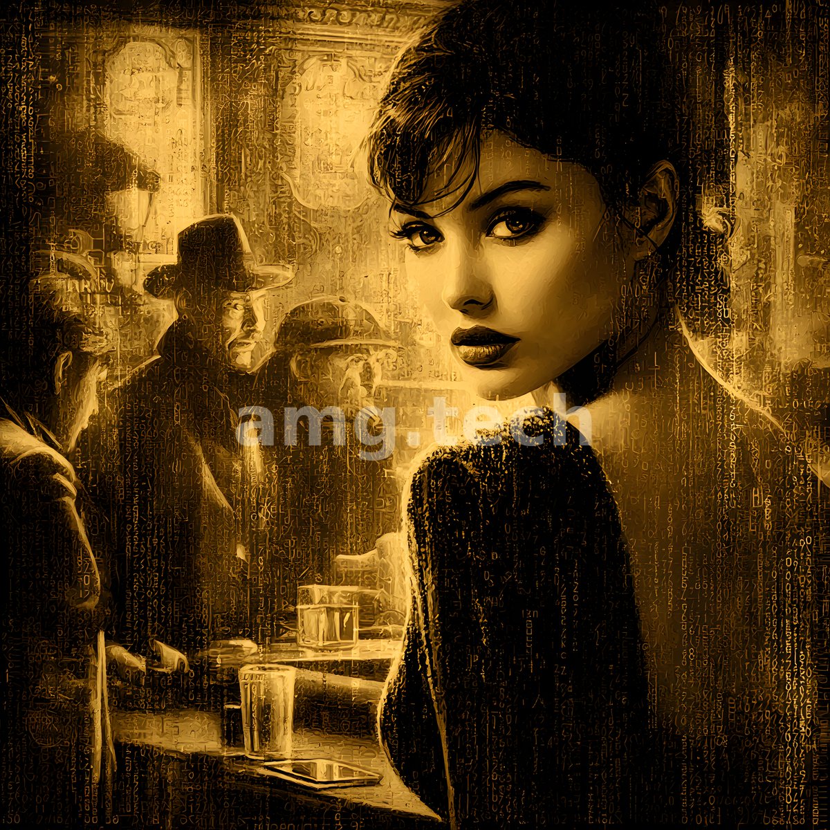 Amid a smoke-gold barroom of shadowed men in fedoras, a striking woman turns her dark-lipped gaze toward the viewer.