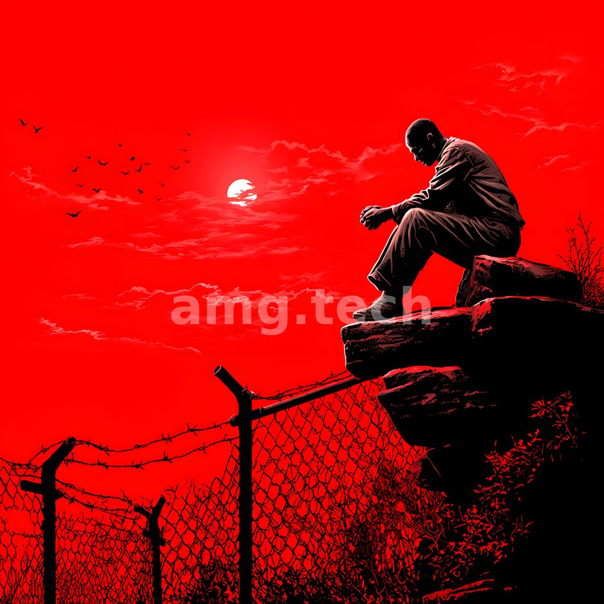 Silhouetted in scarlet, a seated man bows his head above a barbed-wire fence as pale birds cross the burning sky.