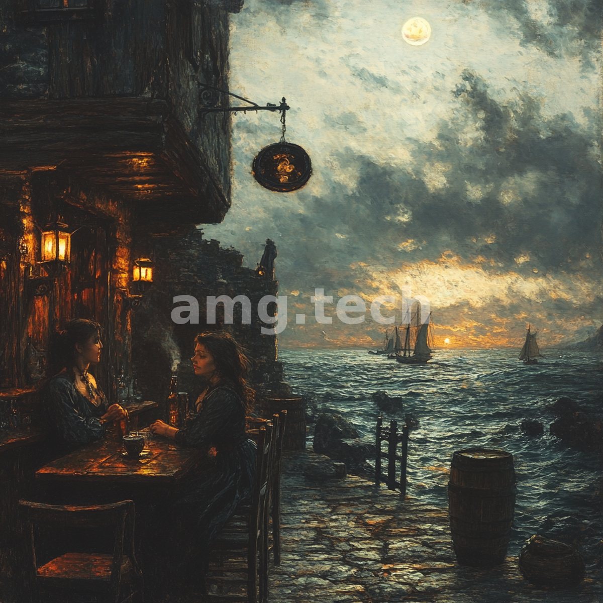 Two women share a lantern-lit table by the shore as tall ships drift beneath a moonrise and burning horizon.