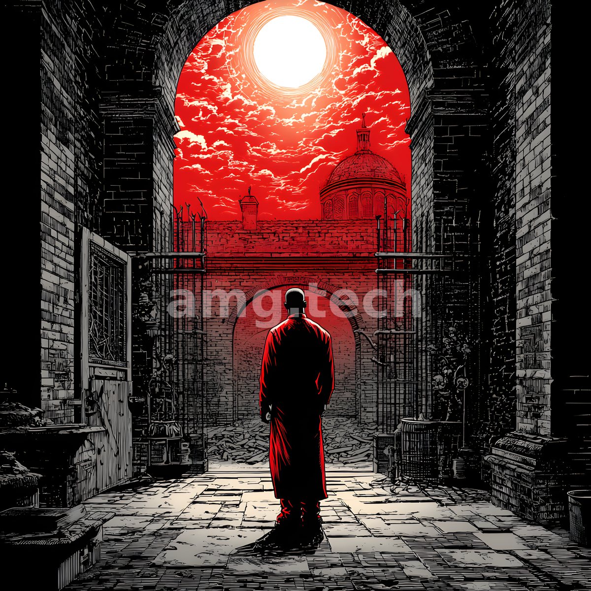 A robed figure stands within a shadowed brick passage, facing a blood-red sky and domed silhouette crowned by a blazing moon.