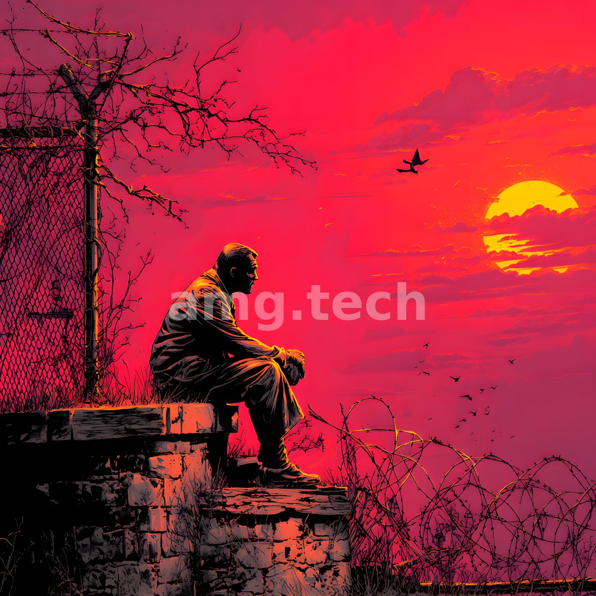 A lone man sits on weathered stone against a fevered pink sunset, barbed wire and bare branches framing his quiet contemplation.