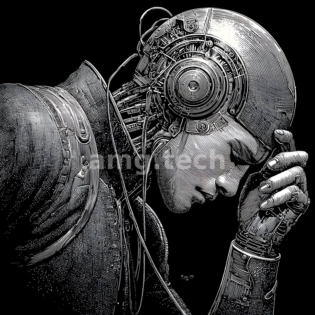 Rendered in silvered engraving, a figure fused with intricate clockwork machinery bows its head in an attitude of weary prayer.