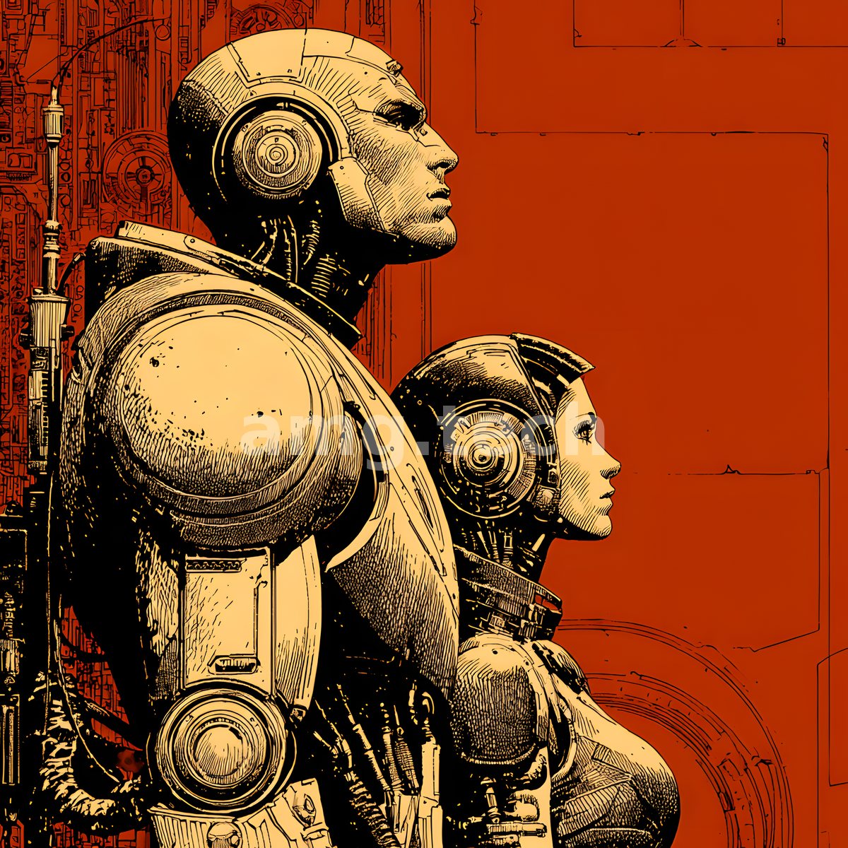 Two armoured figures stand in noble profile against a burning red field, rendered in meticulous crosshatched line and burnished gold.