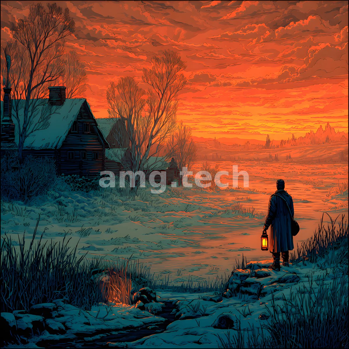 A solitary traveller carries a glowing lantern across frozen ground toward a snowbound cabin, beneath a sky ablaze with molten sunset.