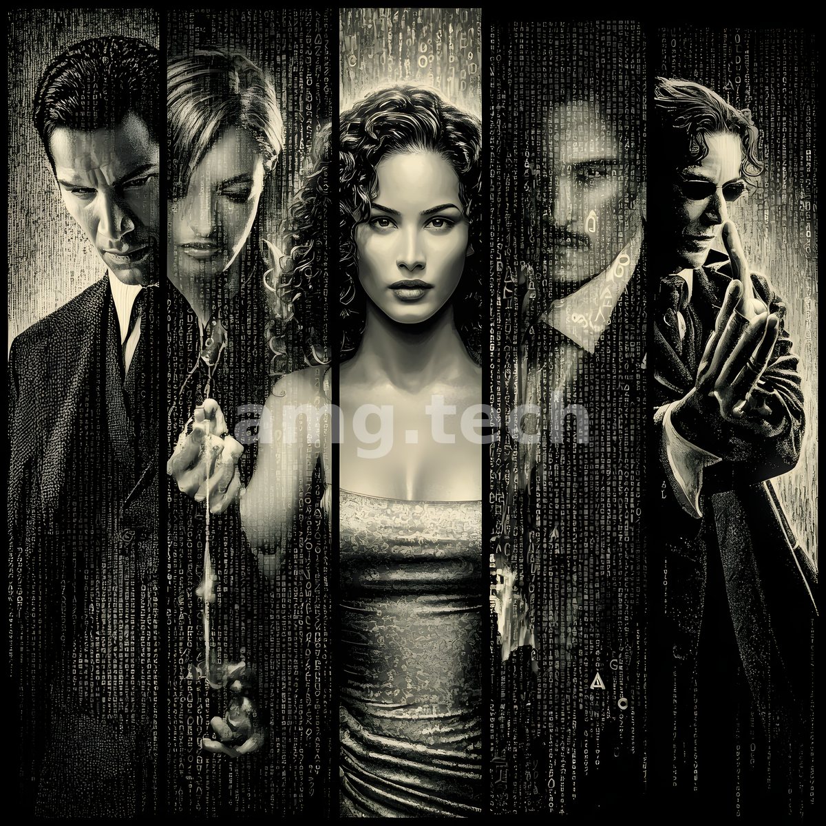 Five enigmatic figures divide the frame in sepia panels, veiled behind cascading code in a noir meditation on identity and destiny.