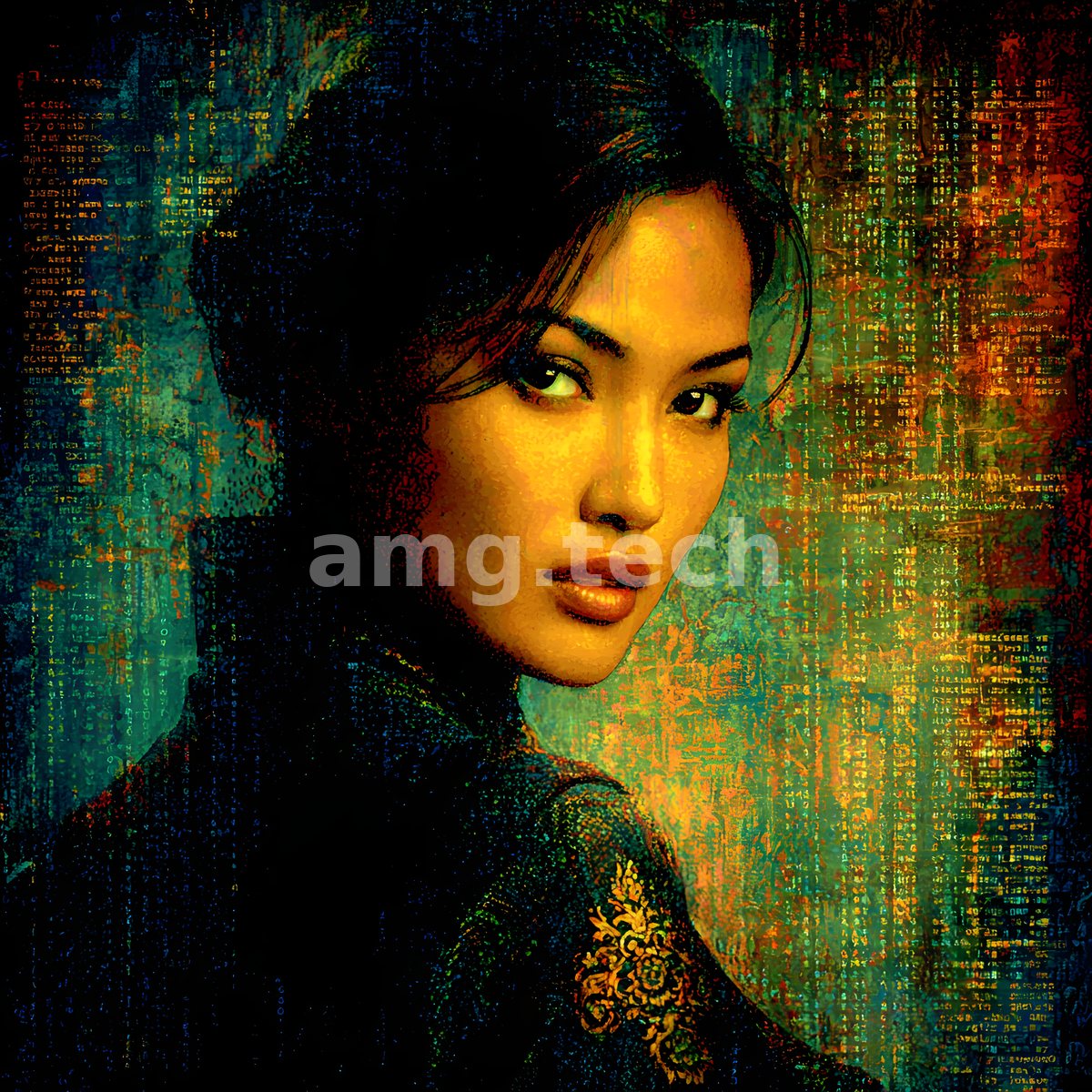 A luminous portrait turns from the shadows, her face gilded gold against a weathered tapestry of teal and streaming characters.