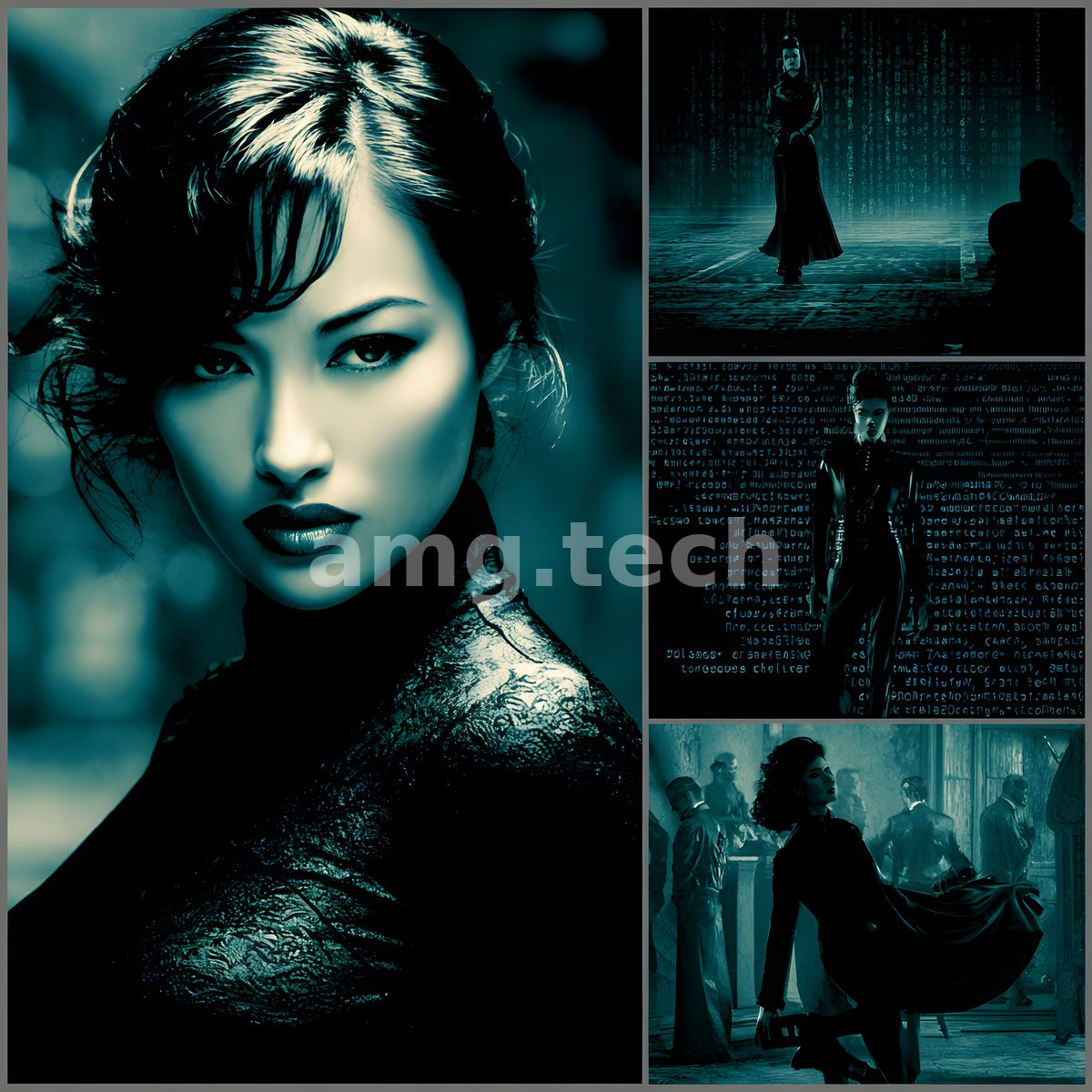 A striking woman anchors a cyan triptych of rain-slicked encounters, her poised gaze set against scenes of shadow and gathering.