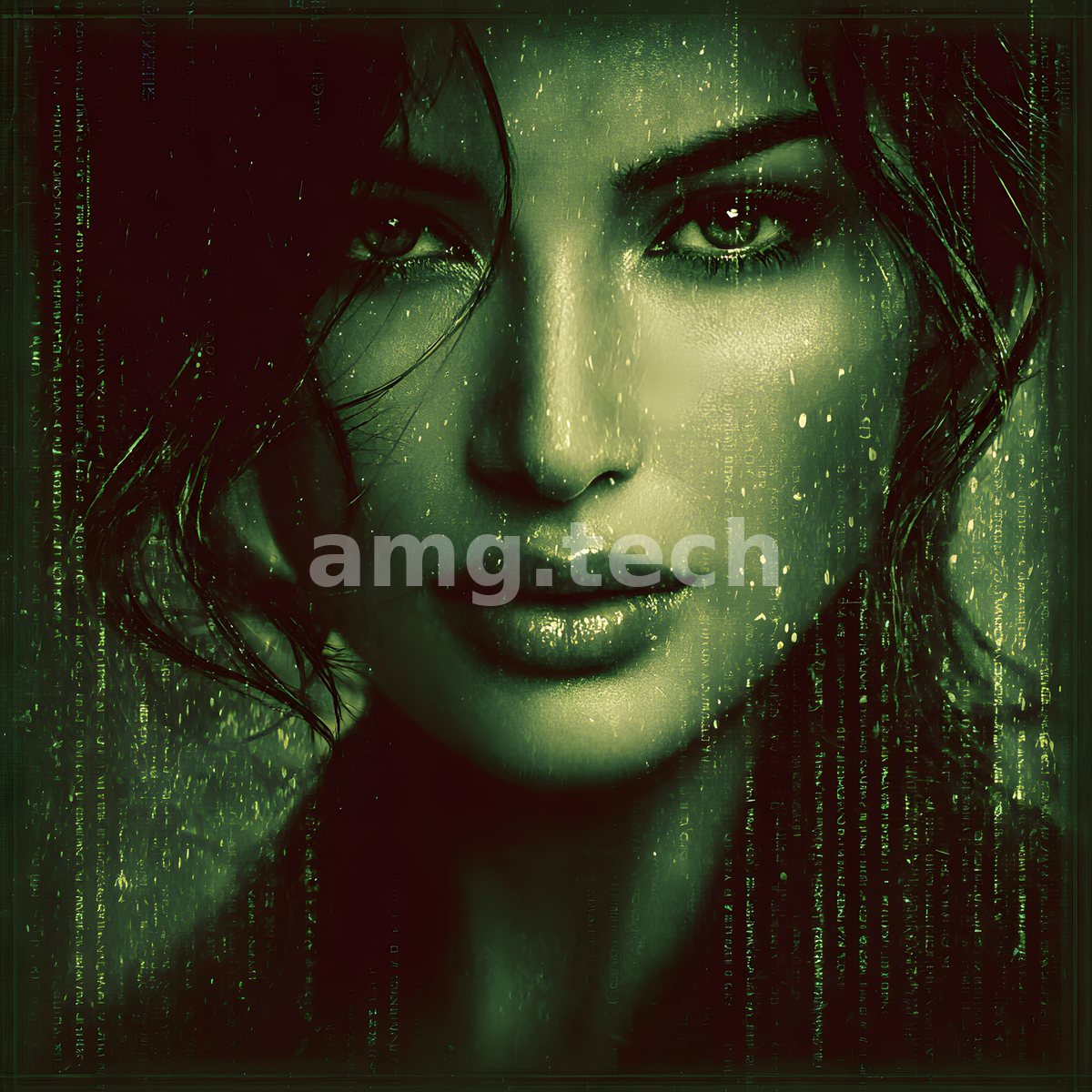 An intense feminine gaze emerges from a curtain of green cipher, luminous and unflinching within the cascading digital downpour.