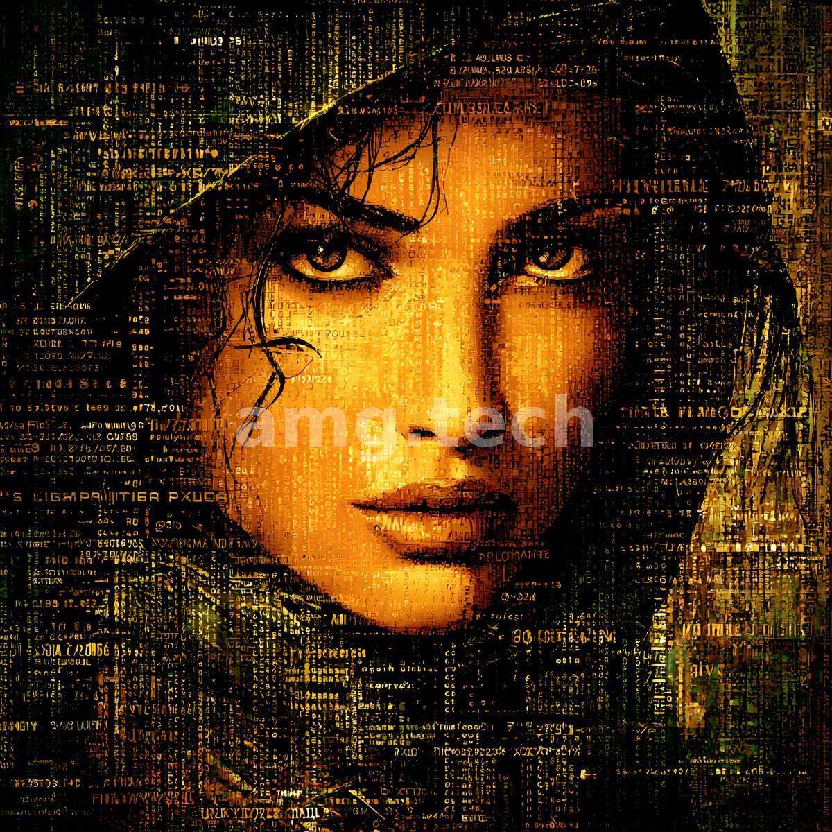 A hooded woman gazes outward in molten amber, her features woven into a dense field of glowing text and antique numerals.
