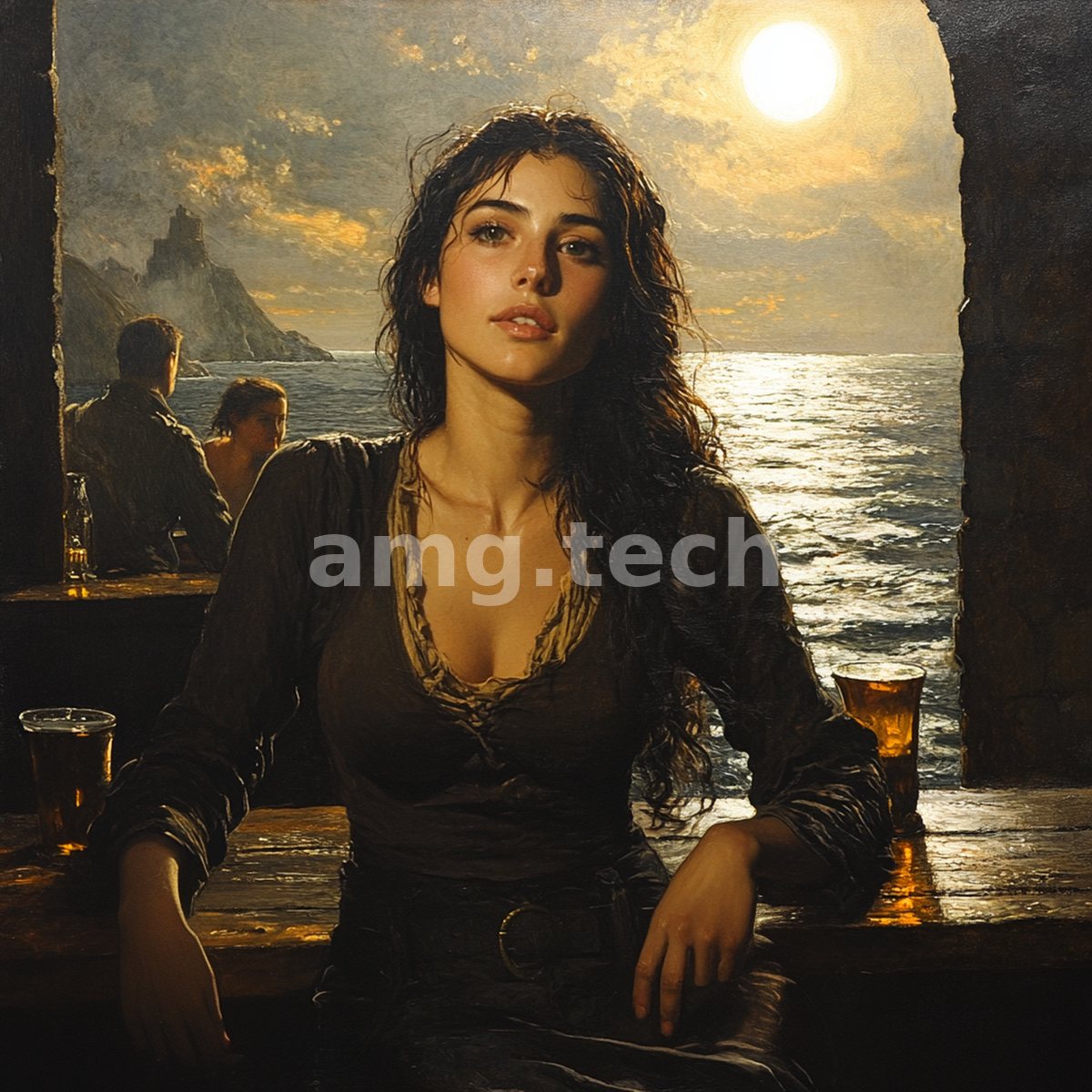 A dark-eyed woman sits at a seaside window, the silvered ocean and a luminous moon glowing behind her poised, candid presence.