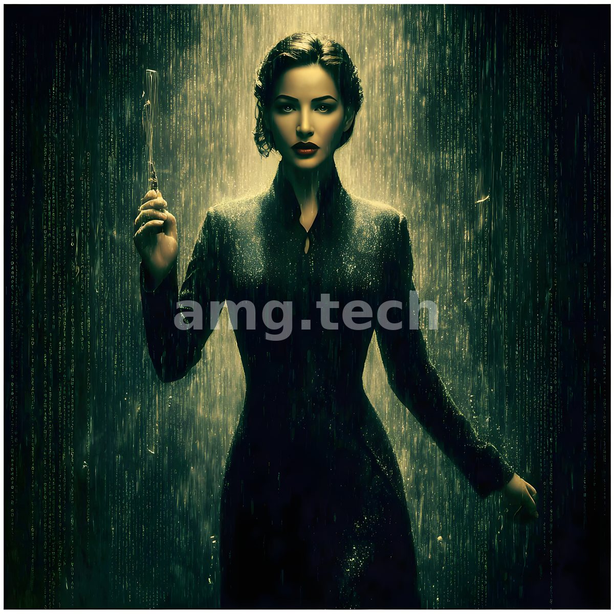 Poised amid falling rain and faint code, a woman in fitted black raises a slender blade with quiet, commanding resolve.