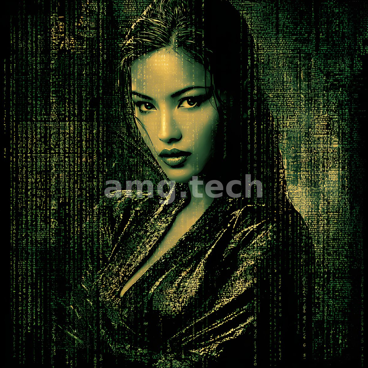 A serene figure draped in shimmering fabric emerges from a wall of emerald characters, half-shadowed and quietly luminous.