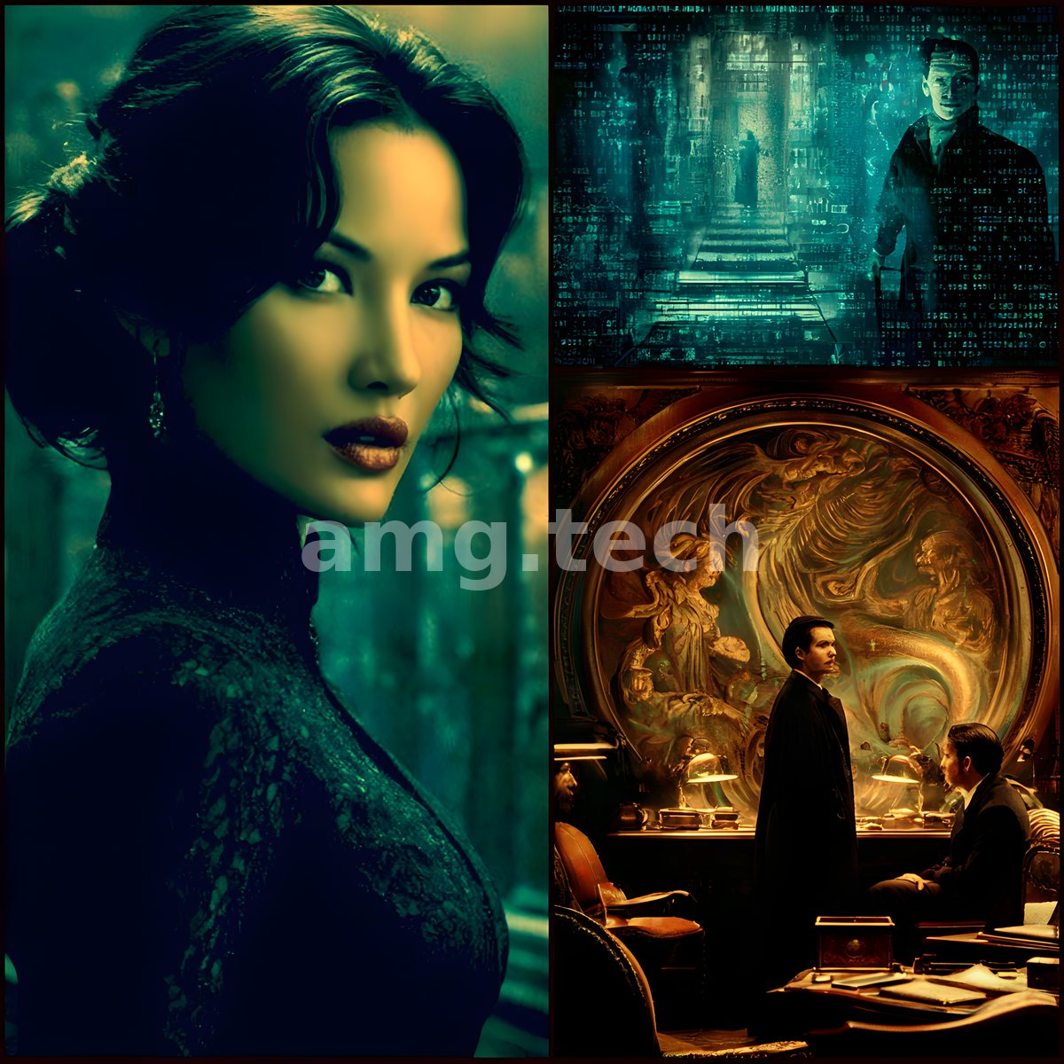 A jade-lit beauty presides over a diptych of shadowed corridors and gilded chambers, evoking espionage and old-world glamour.