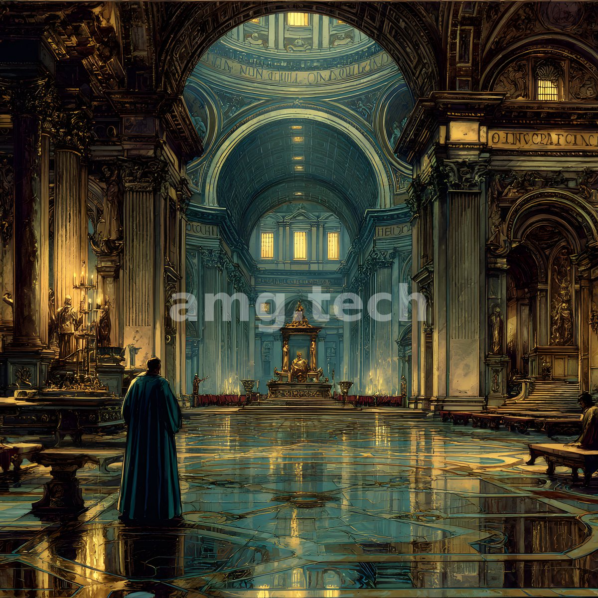 A lone cloaked figure stands within a vast candlelit basilica, dwarfed by soaring domes and shimmering marble reflections.