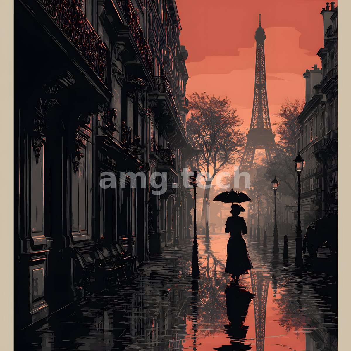 A woman with a parasol crosses a rain-glossed street beneath a crimson sky, the Eiffel Tower rising through the evening haze.