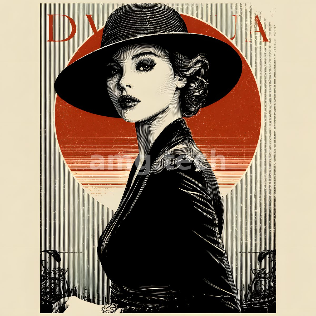 An elegant woman in a wide-brimmed hat poses against a bold red disc, rendered in dramatic vintage poster relief.