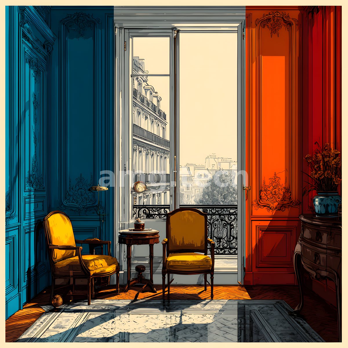 Bold blue and vermilion panelling frames gilded fauteuils beside open French windows opening onto a sunlit Haussmann boulevard.