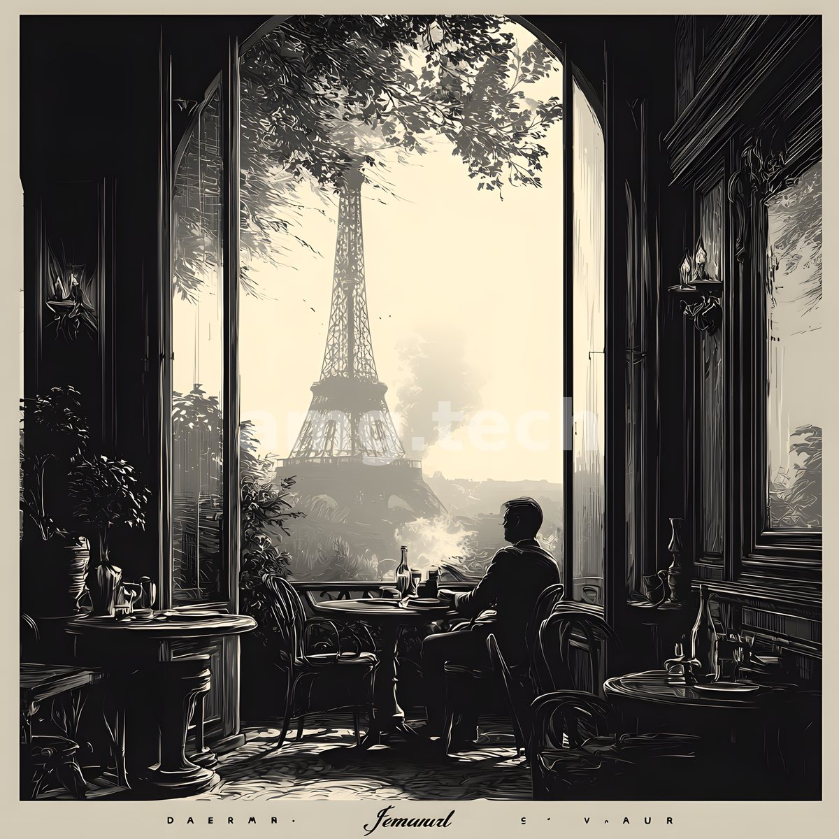 In monochrome reverie a lone figure lingers over wine at a café table, the Eiffel Tower dissolving in morning mist beyond.