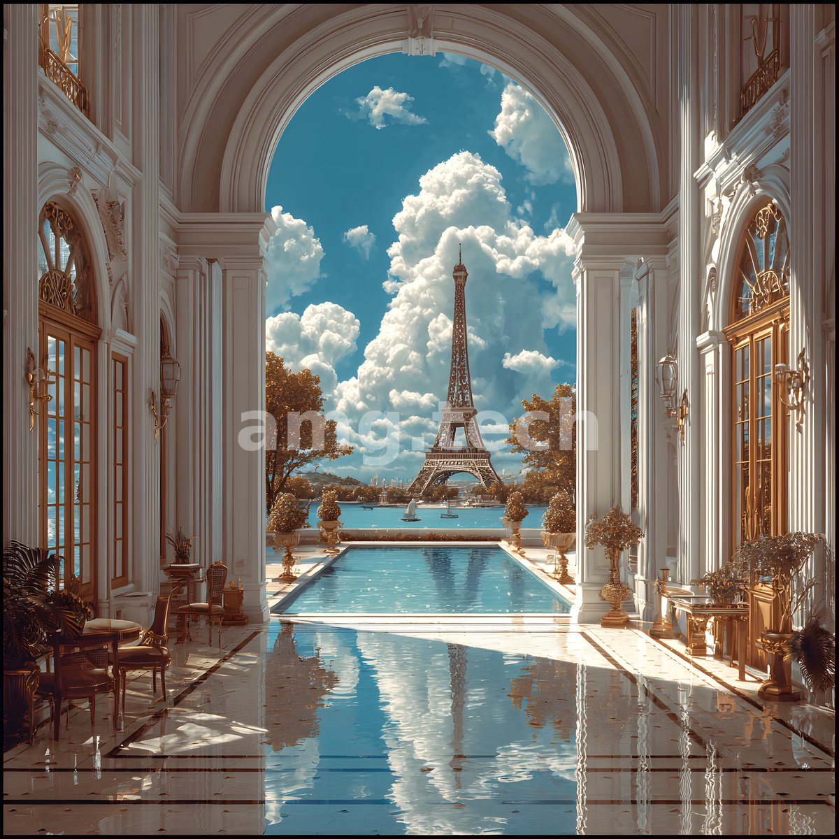 A marble colonnade opens upon a mirrored pool where the Eiffel Tower rises against towering summer cloudscapes and brilliant blue.