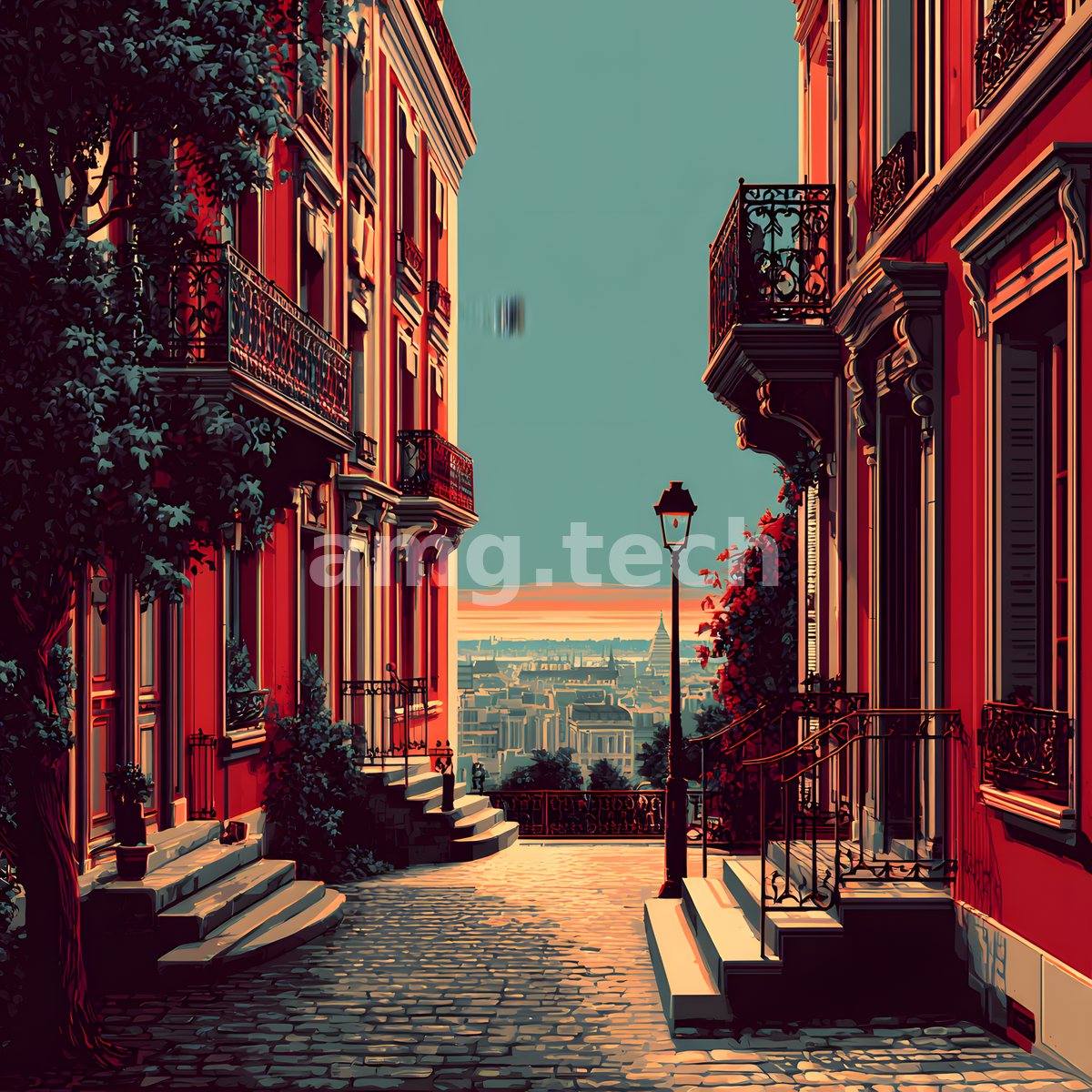 Crimson façades and a solitary lamppost line a cobbled descent, the city glowing amber beneath a cool teal evening sky.