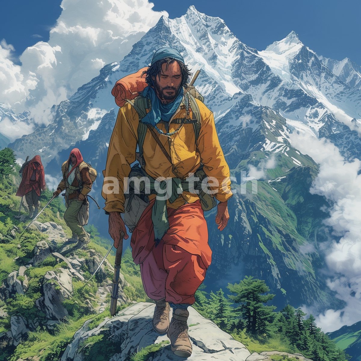 A yellow-clad traveller leads two cloaked companions along a green ridgeline beneath towering snow-capped peaks and drifting cloud.