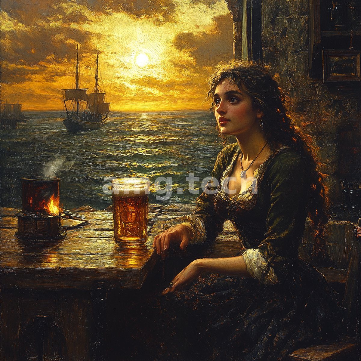 A curly-haired woman in green rests at a harbour table, her glass aglow as ships cross a blazing sunset sea.