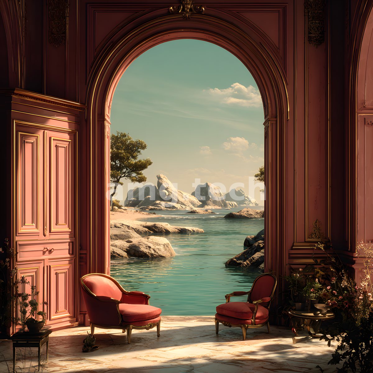 A rose-toned archway frames coral armchairs poised before a serene turquoise cove and pale, sculptural coastal cliffs.