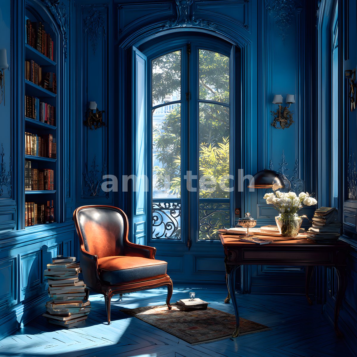 Moonlit indigo panelling and towering shelves cradle a tan leather chair and writing desk crowned with white blooms.