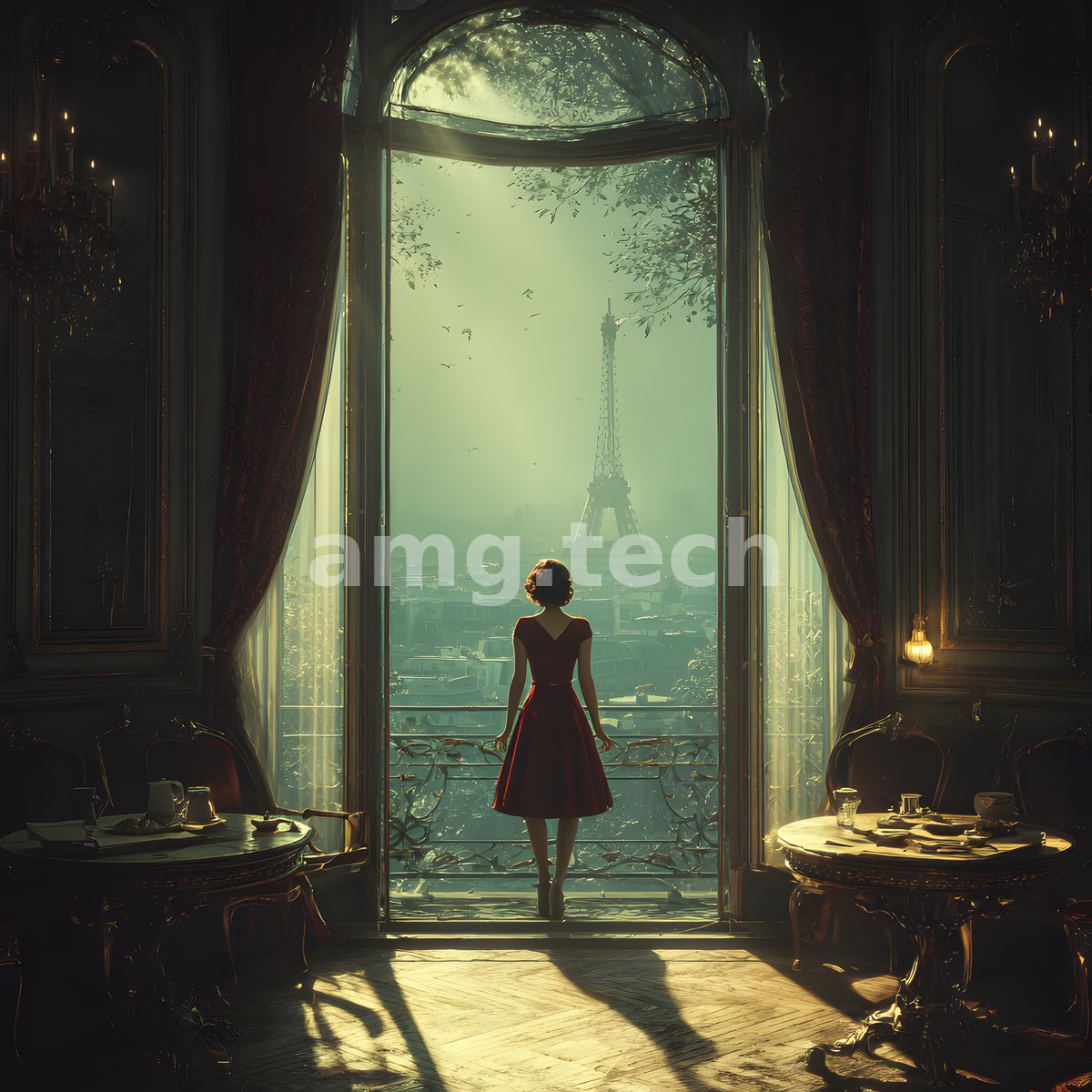 Bathed in emerald half-light, a woman in a scarlet dress gazes toward the misted Eiffel Tower from a shadowed balcony.