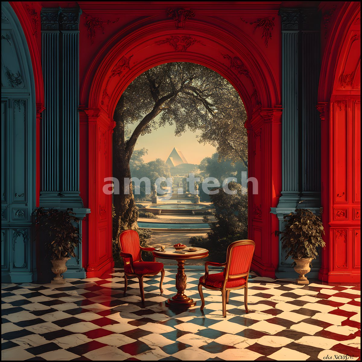 A vivid red archway opens onto a wooded parkland and distant pyramid, gilded chairs waiting on a chequered marble floor.