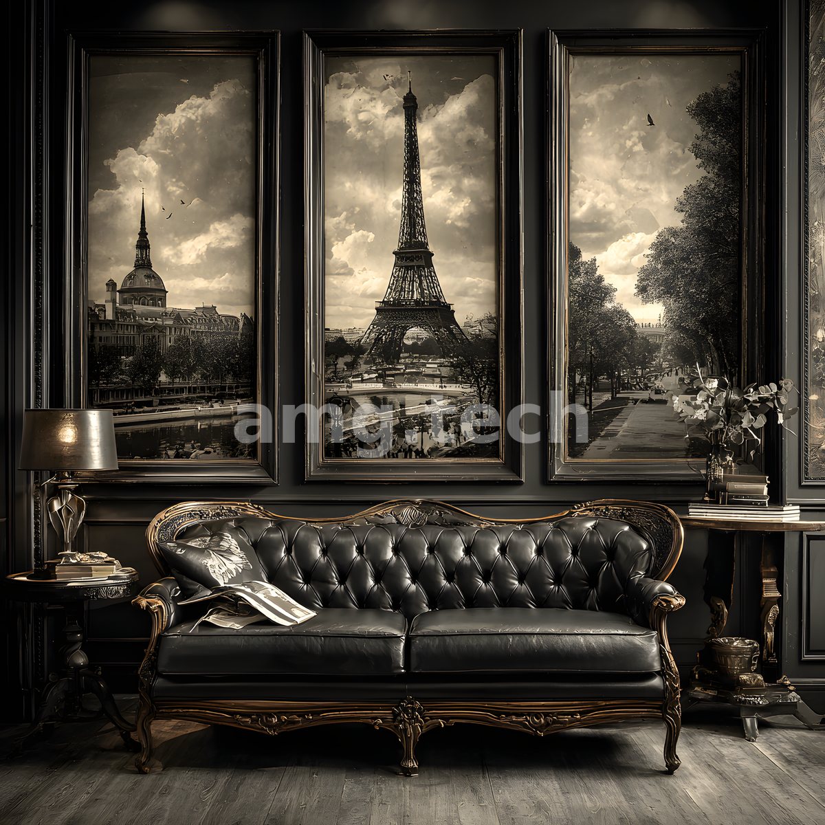 A tufted leather sofa presides beneath a triptych of sepia Parisian vistas, the Eiffel Tower commanding the darkened salon.