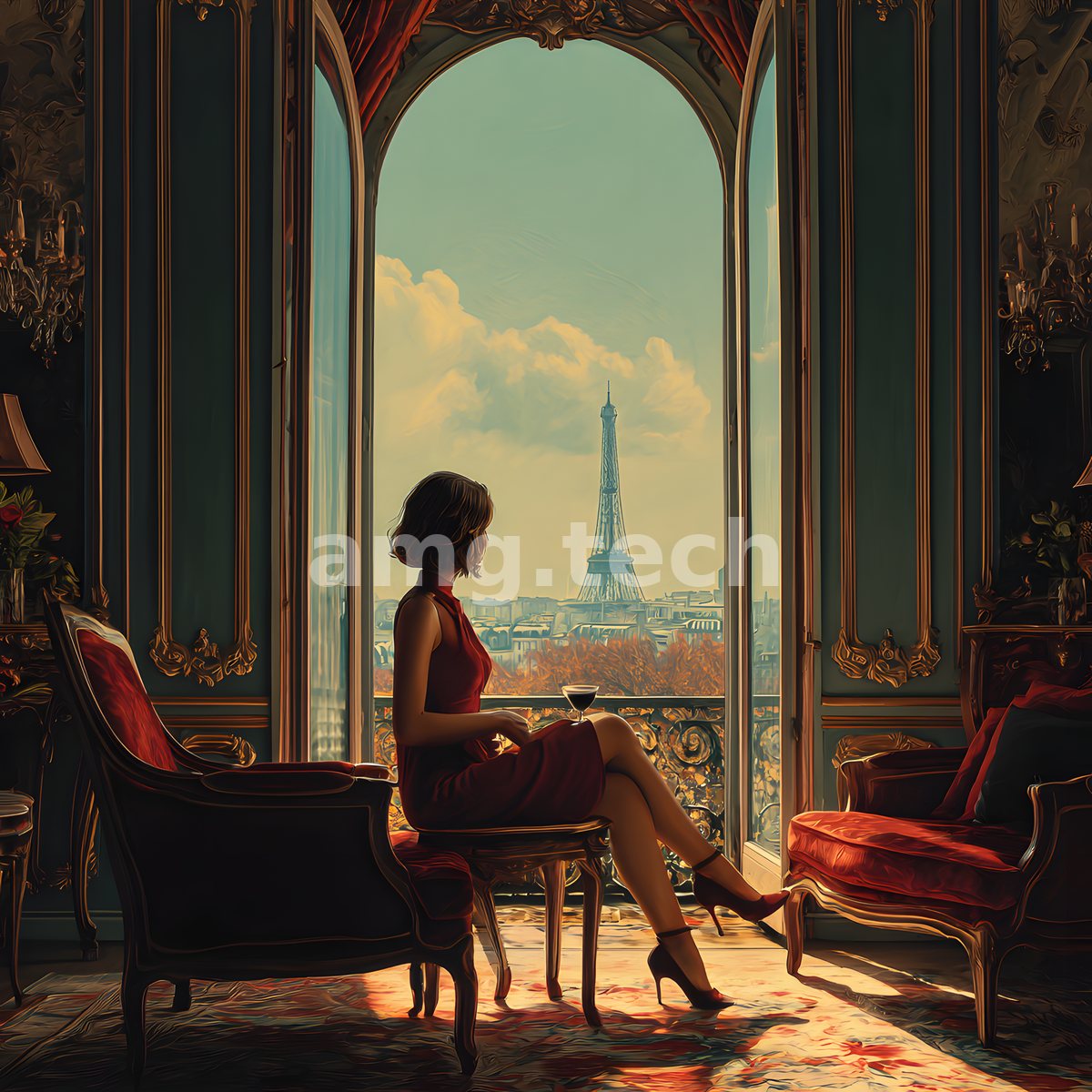A woman in wine-red silk reclines with a glass at an arched window, the Eiffel Tower glowing across an autumn skyline.