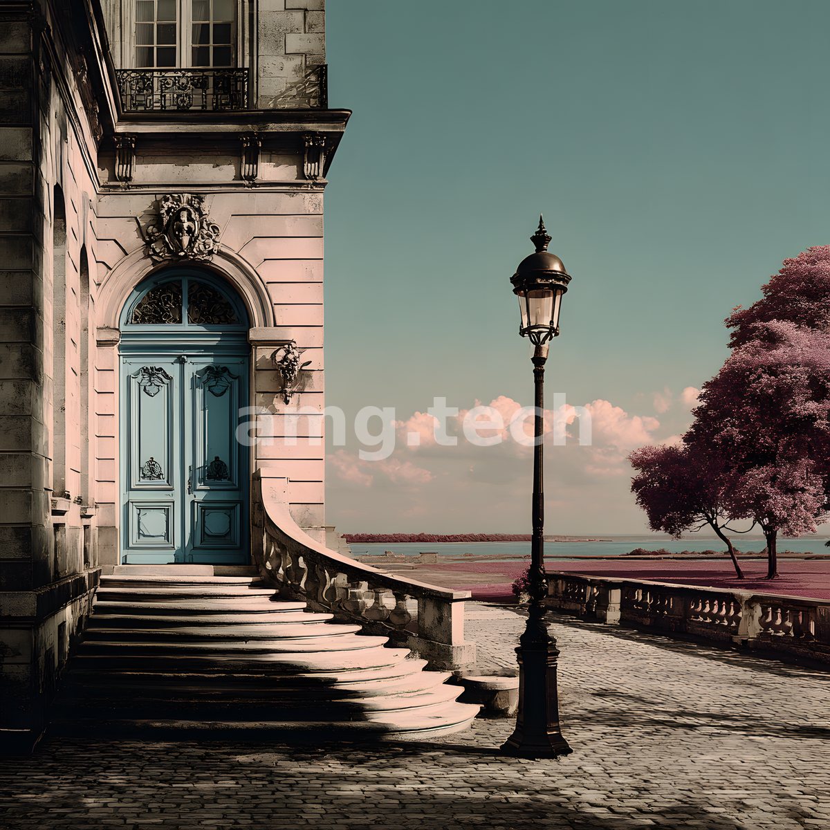 A pale azure portal and curved balustrade meet a lone lamppost, rose-hued trees and calm waters stretching to the horizon.