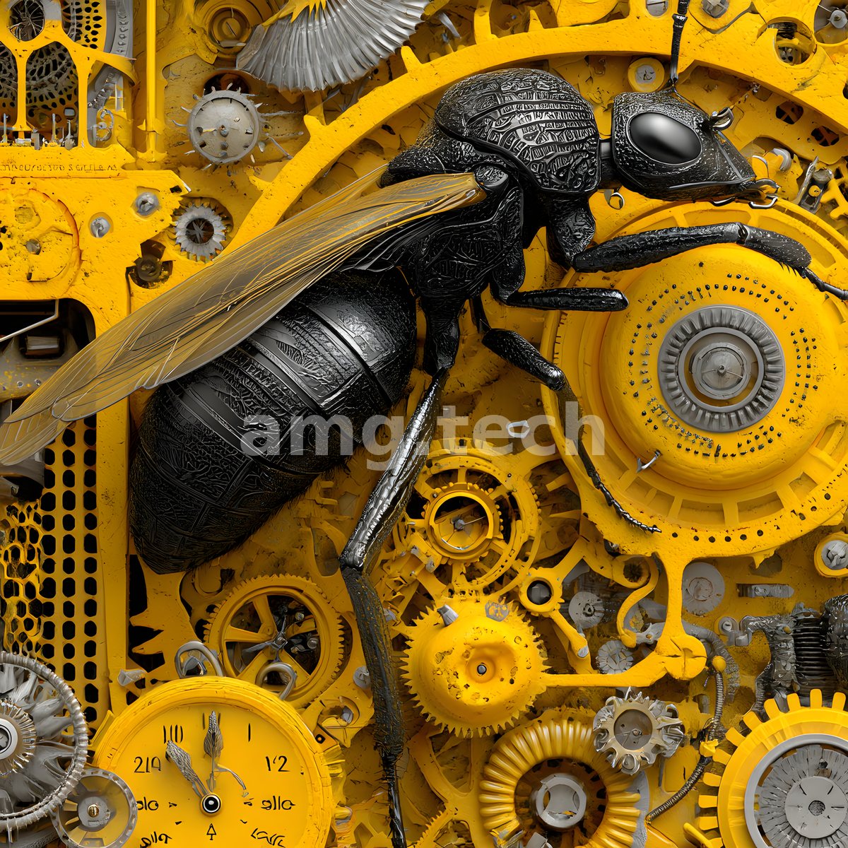 An intricately armoured black insect alights upon a dense lattice of yellow gears, dials and clockwork in vivid mechanical relief.