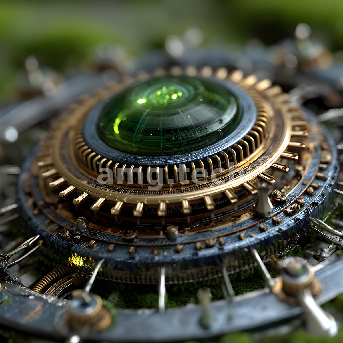 A luminous green glass dome crowns concentric brass and steel gearwork, jewel-like against a softly blurred verdant garden.