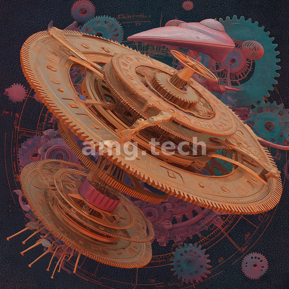 An intricate clockwork mechanism of interlocking brass discs and coloured cogs turns against a starlit ground of celestial cartography.