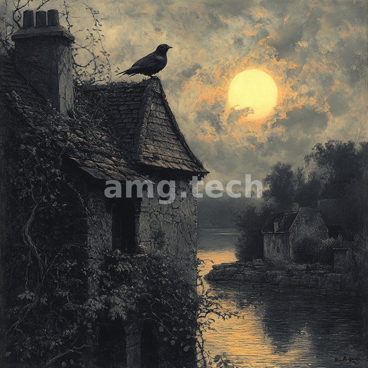 A solitary bird perches on a mossy rooftop as a hazy moon rises over cottages mirrored in still water.