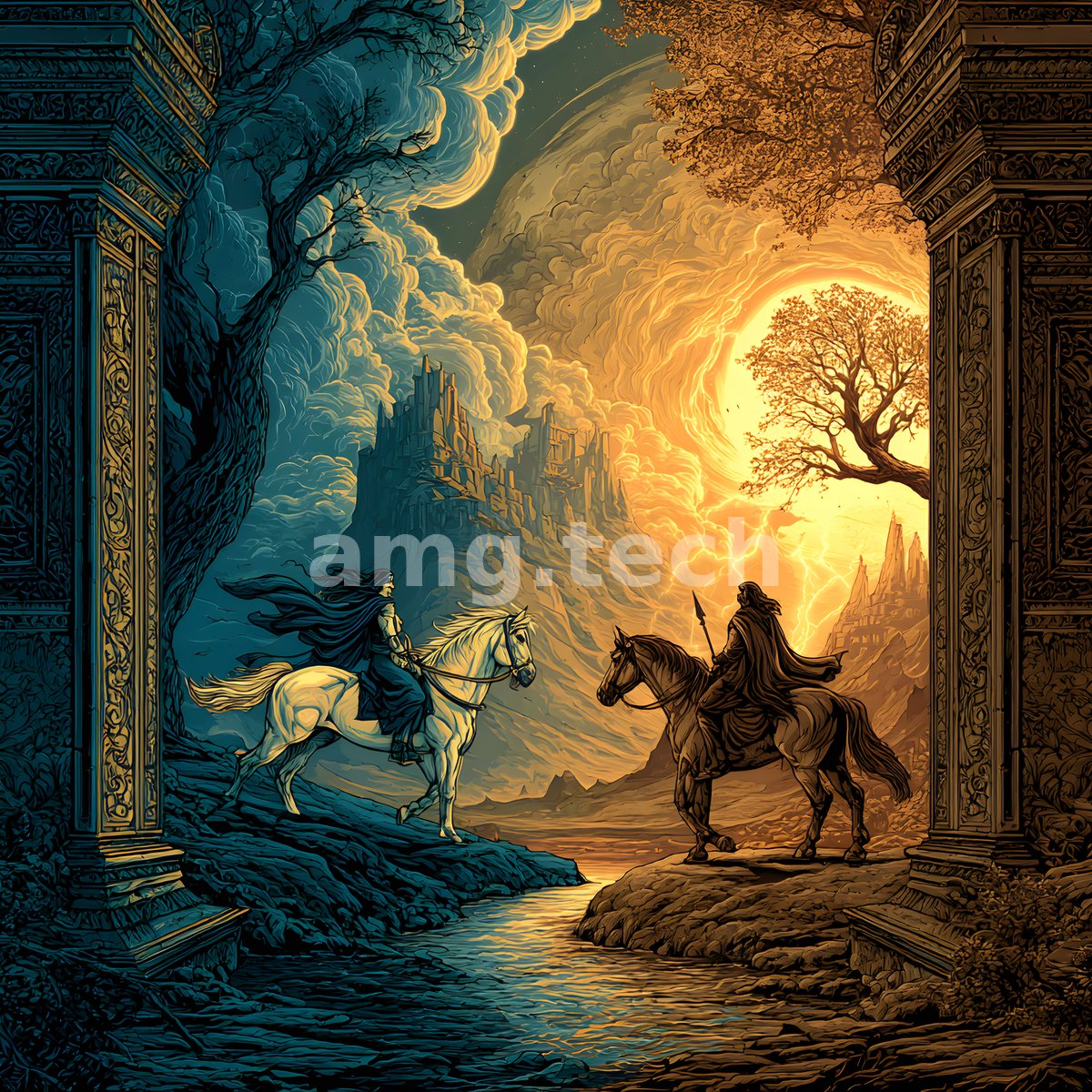 Two horsemen meet where cool blue shadow yields to golden dawn, framed by carved pillars above a winding mountain stream.