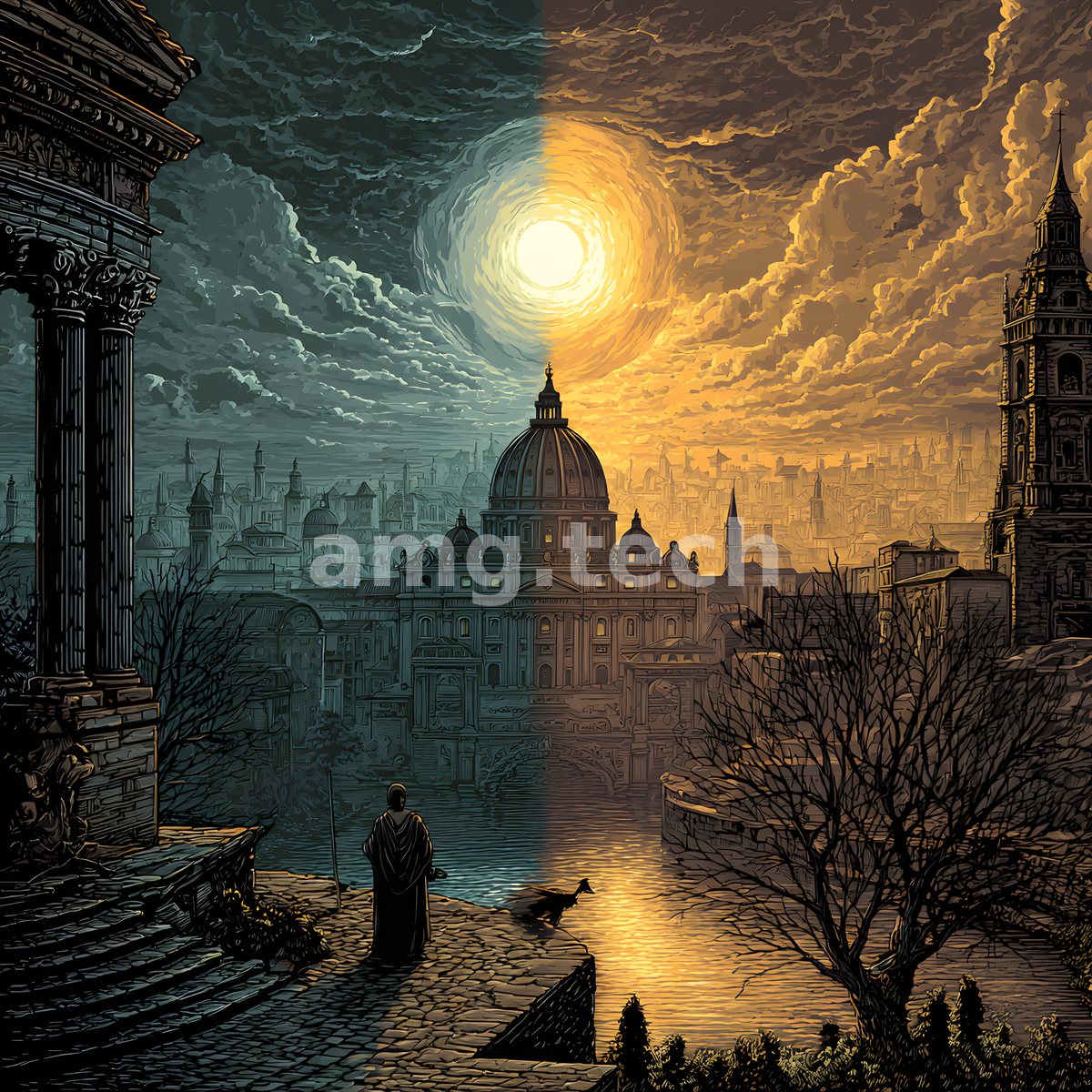 A domed metropolis divides beneath a luminous orb, one half drowned in moonlit dusk, the other ablaze in amber daylight.