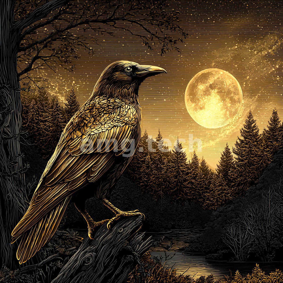A regal raven perches on a weathered bough as a full golden moon rises over silhouetted pines and a quiet river.