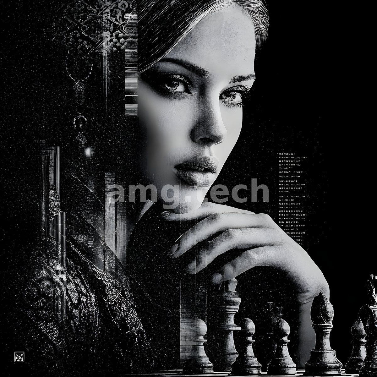 A woman regards the viewer in silvered monochrome, her hand resting among pale chess pieces amid architectural filigree and cascading code.