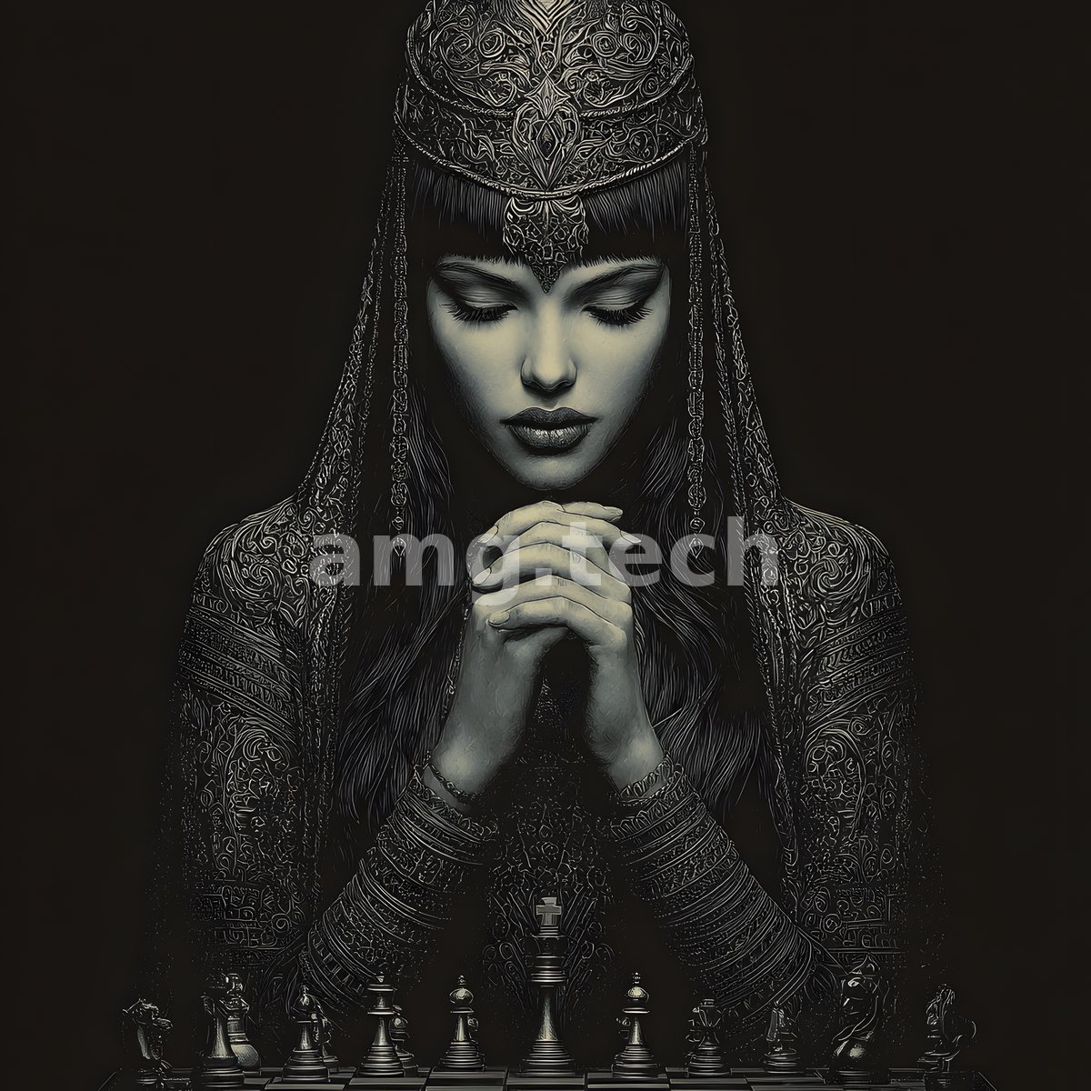 A crowned figure bows in silent prayer above a chessboard, her ornate veil and jewelled robes rendered in sombre graphite tones.