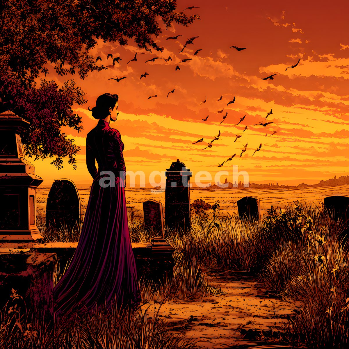 A woman in flowing crimson stands among weathered headstones as a flock scatters across a blazing orange sky.