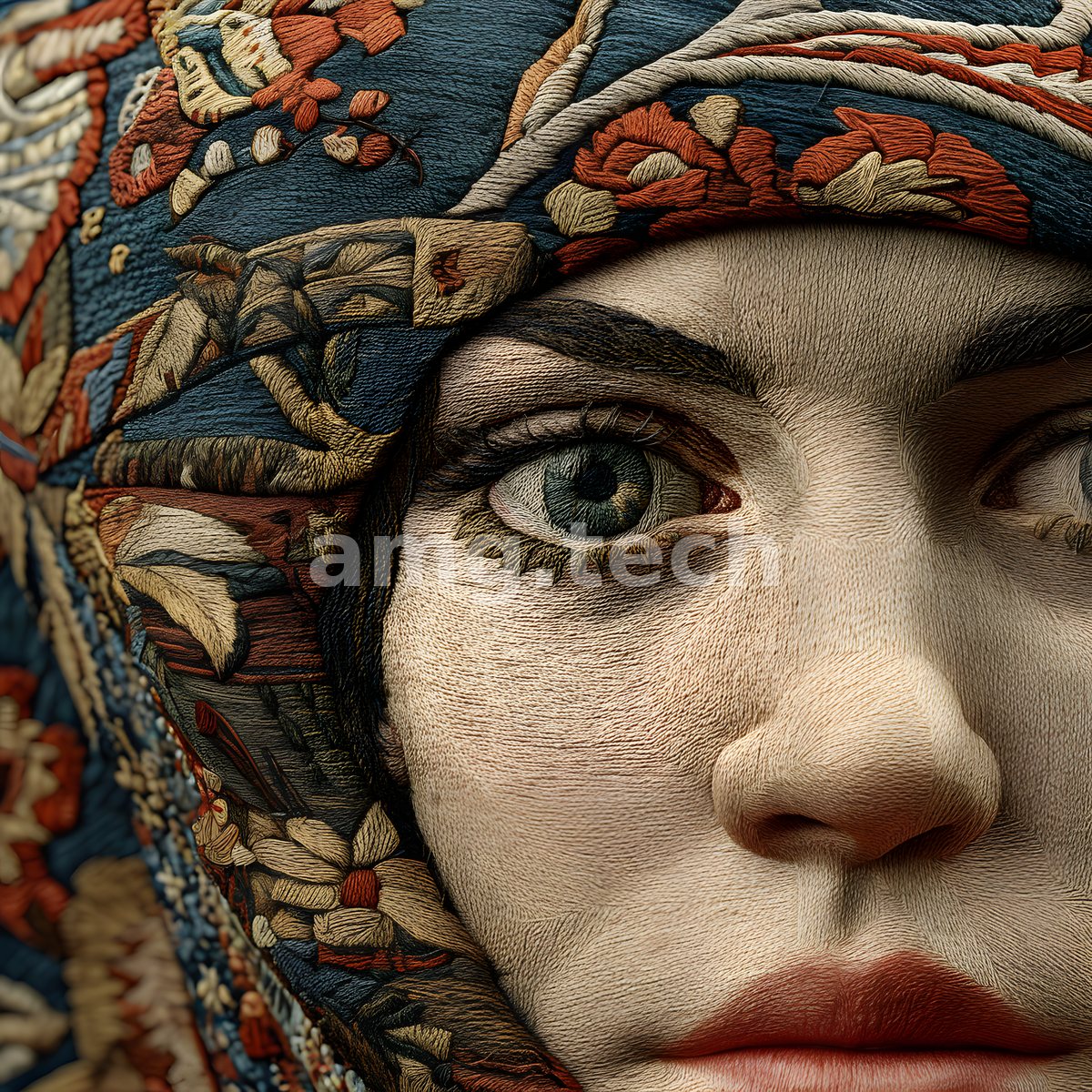 Half a woman's face emerges from a headdress woven of intricate tapestry threads, floral needlework fusing seamlessly into living skin.