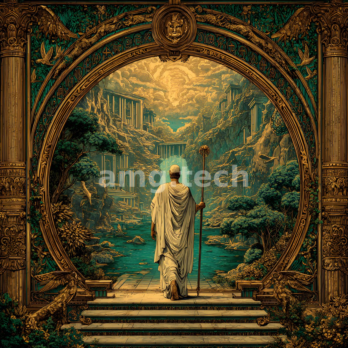 A robed figure with a staff pauses at an ornate arch, gazing into a verdant chasm of temples, waterfalls and gilded cloud.