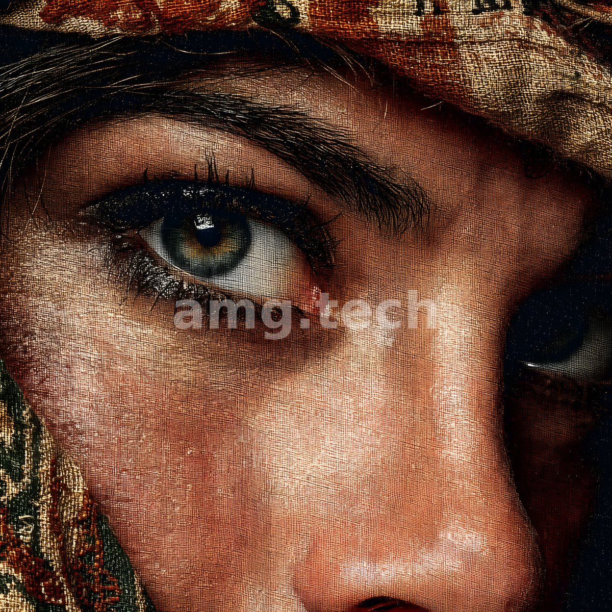 A close study of a woman's luminous gaze, her patterned headscarf and lamplit skin painted with tapestry-like texture.