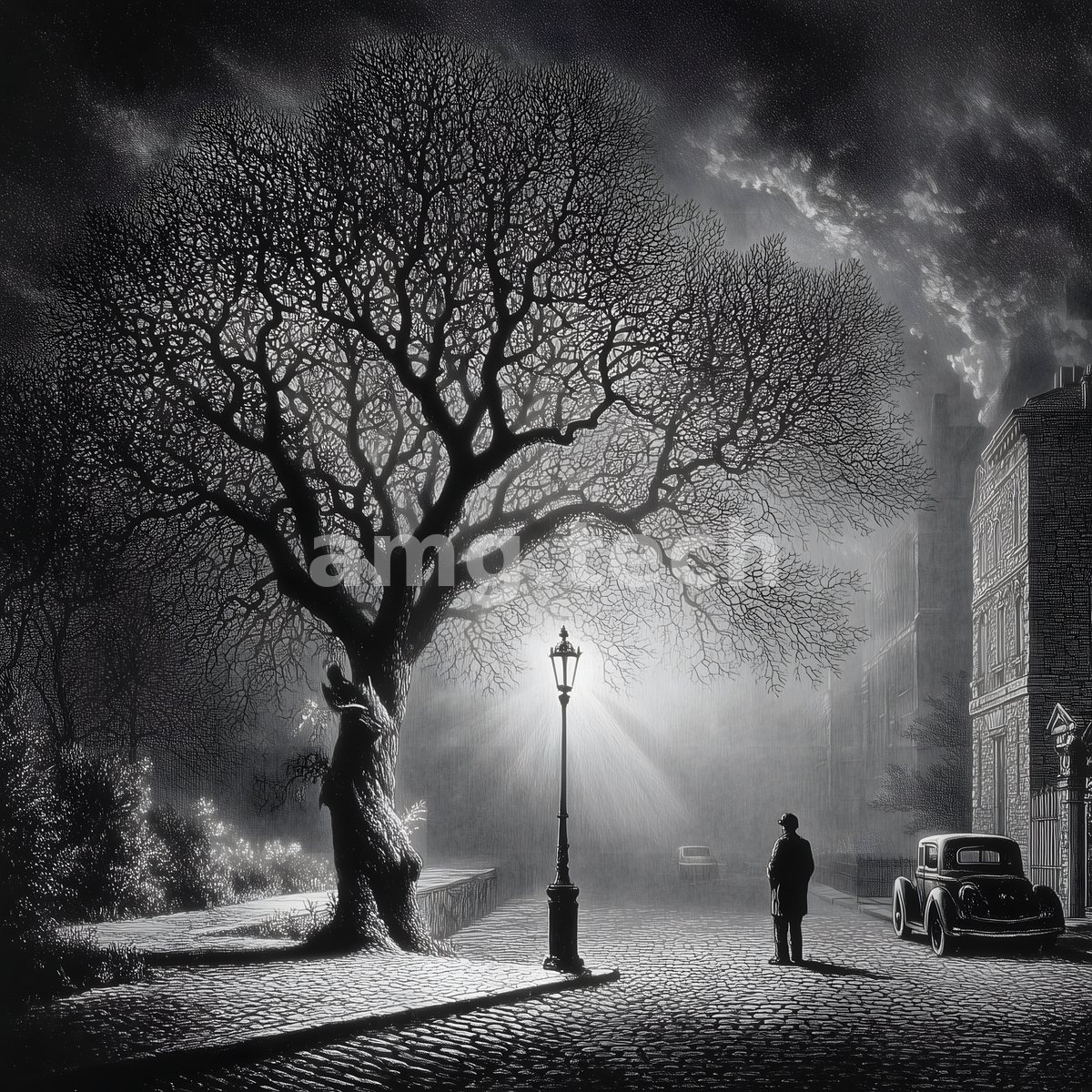 Beneath a bare tree and glowing gas lamp, a hatted figure lingers on wet cobbles beside a vintage motorcar in silvered rain.