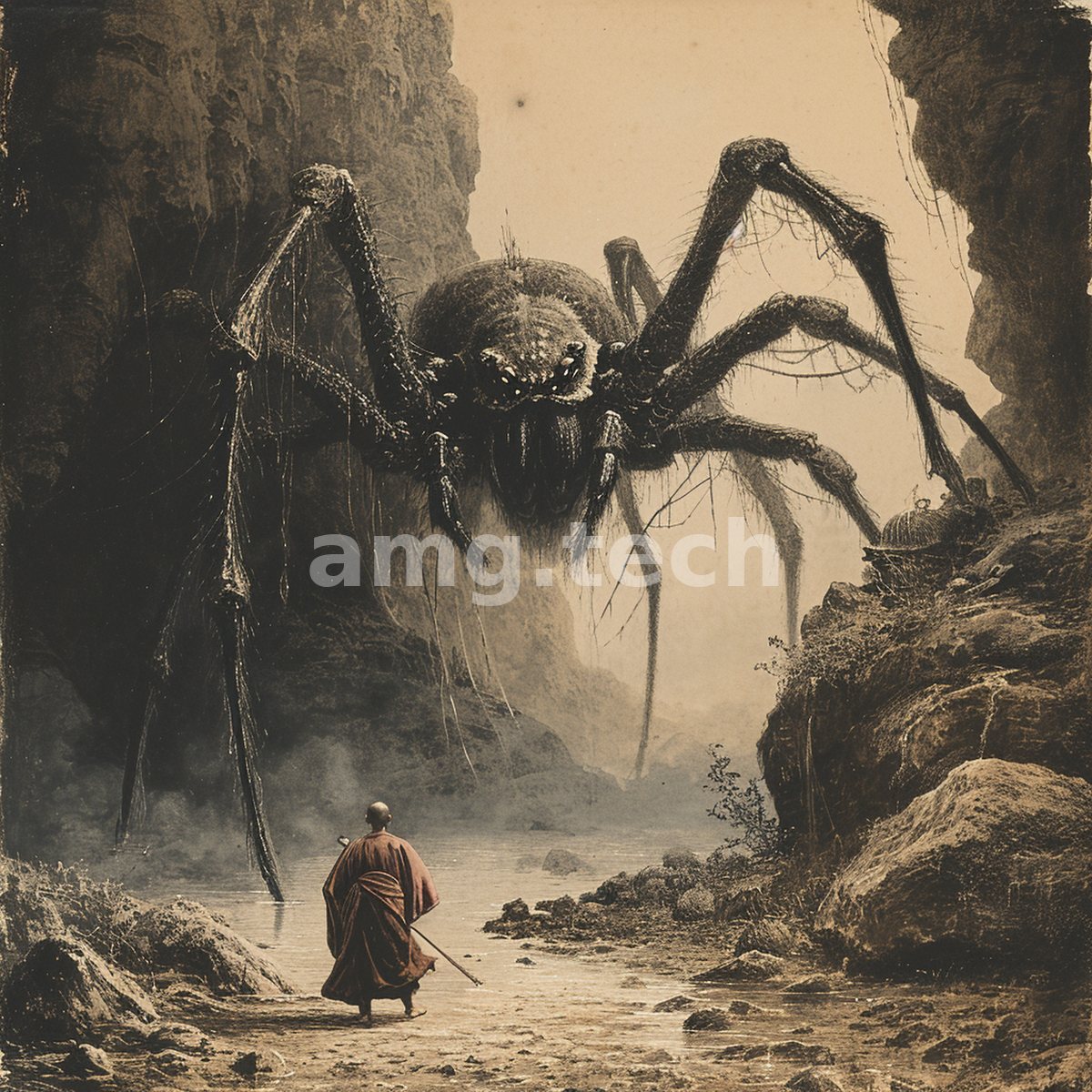 A tiny staff-bearing pilgrim advances toward a monstrous spider looming in a mist-filled gorge, rendered as an aged sepia plate.